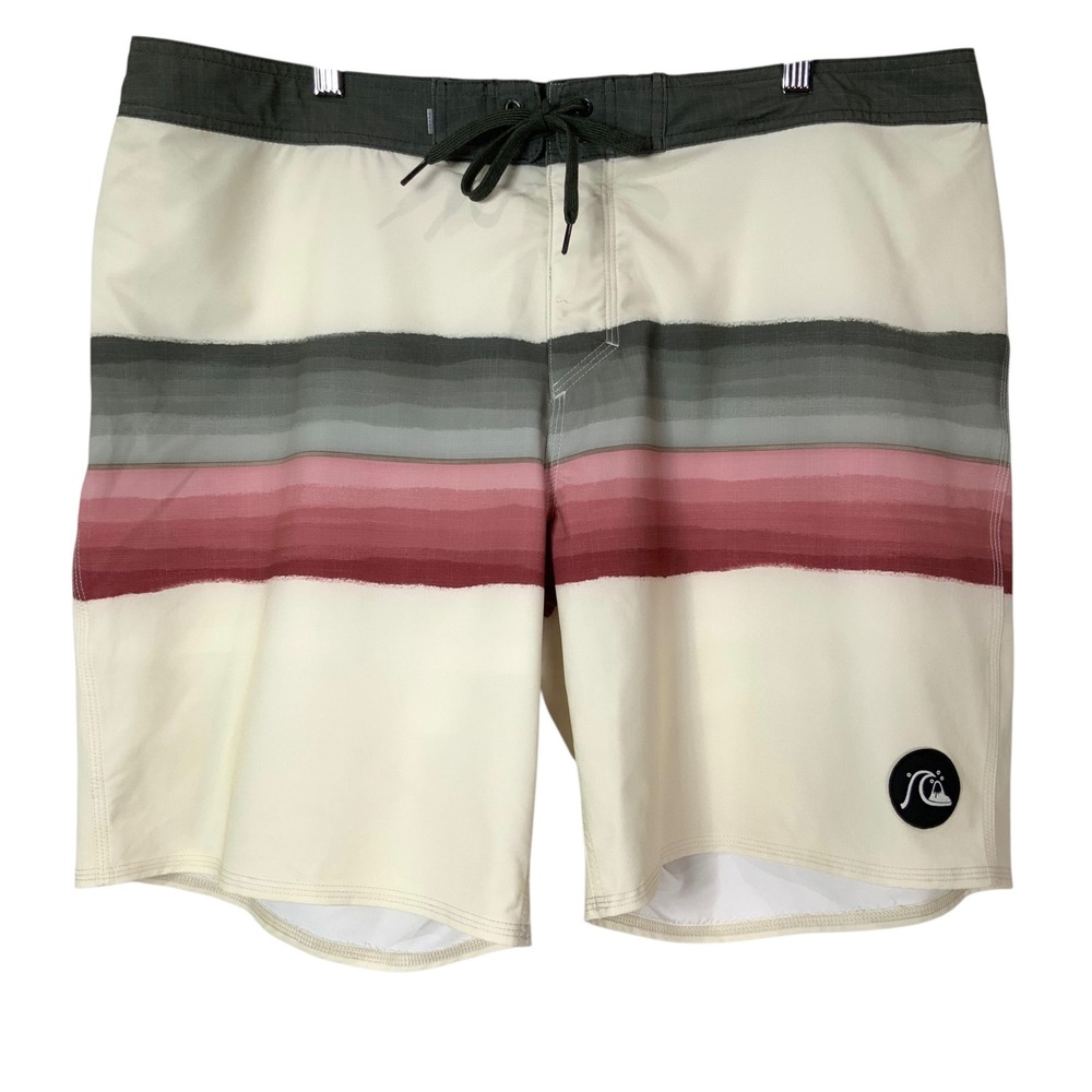 Quiksilver Highline Surf Silk Cream Striped Board Shorts 38 Drawstring Pocket